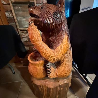 Carved Wooden Log Bear & Honeypot - 35”t approx.