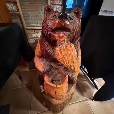 Carved Wooden Log Bear & Honeypot - 35”t approx.