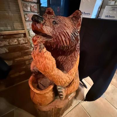 Carved Wooden Log Bear & Honeypot - 35”t approx.