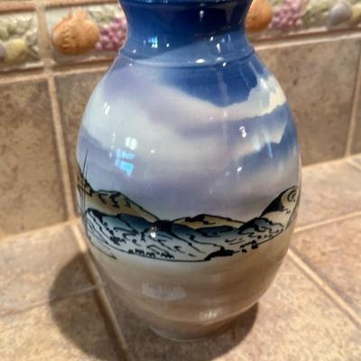 Ceramic hand painted & signed Vase w/mountain theme 8.5”