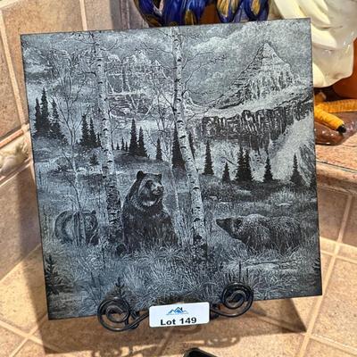 Large black ceramic bear & mountain 12” Tile/Trivet on stand