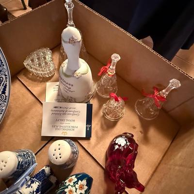 Box of collectible porcelain & 6 Bells/Salt & Pepper shakers/Dutch Clogs
