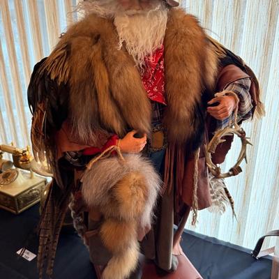 Western Mountain Man Santa Figure 31”t leather/feathers with C.O.A.