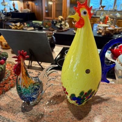 2 Hand Blown Glass Roosters