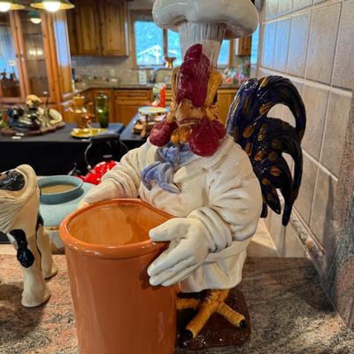 Decorative tall ceramic rooster chef piece