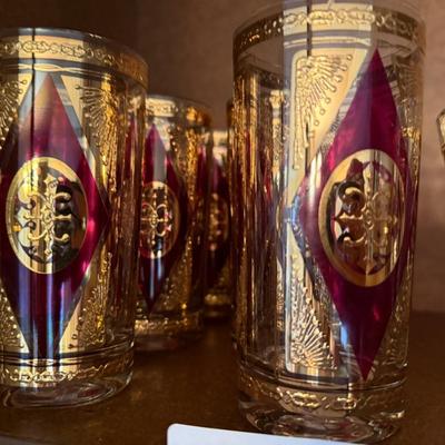 Set of Vintage Red & Gold Ice Bucket & matching glasses