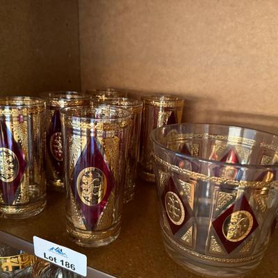 Set of Vintage Red & Gold Ice Bucket & matching glasses