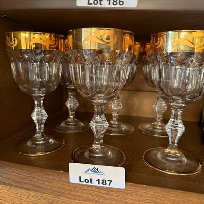 Set of 6 footed crystal stemware glasses with gold accents