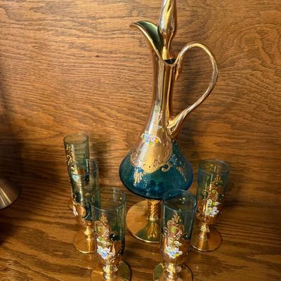 Murano Hand Painted Decanter and 5 glass set
