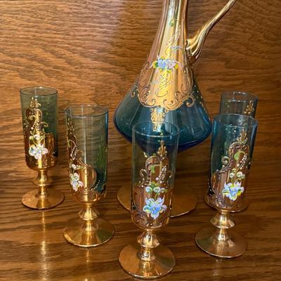 Murano Hand Painted Decanter and 5 glass set