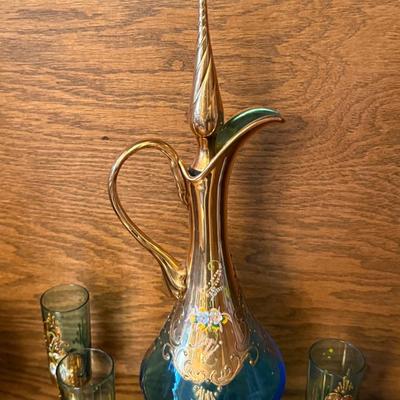 Murano Hand Painted Decanter and 5 glass set