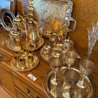 Lot of Silver plated items 5 Trays, 3 Teapots, Sugar & Creamer, cups & serving pcs.