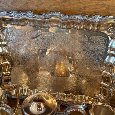 Lot of Silver plated items 5 Trays, 3 Teapots, Sugar & Creamer, cups & serving pcs.