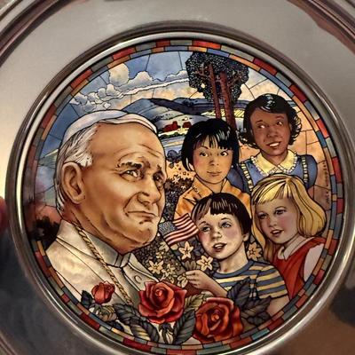 5 Stained glass & Pewter US Historical Society Christmas Plates - Great with light behind them