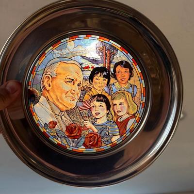 5 Stained glass & Pewter US Historical Society Christmas Plates - Great with light behind them