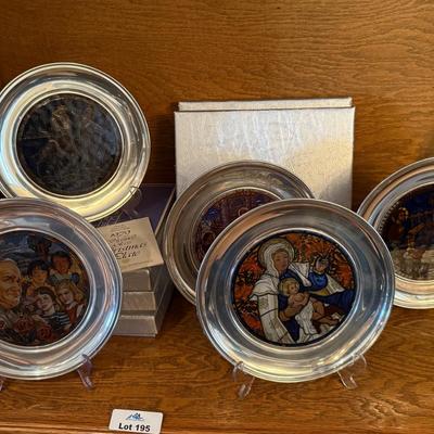 5 Stained glass & Pewter US Historical Society Christmas Plates - Great with light behind them