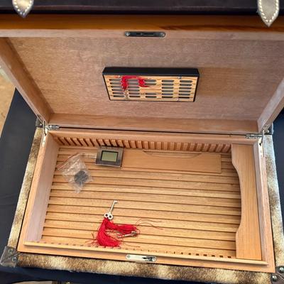 Cigar Humidor in wood box and animal skinned carry case