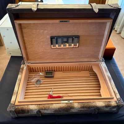 Cigar Humidor in wood box and animal skinned carry case