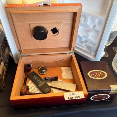 Wood Humidor box w/2 pipes, papers, matches + extra box