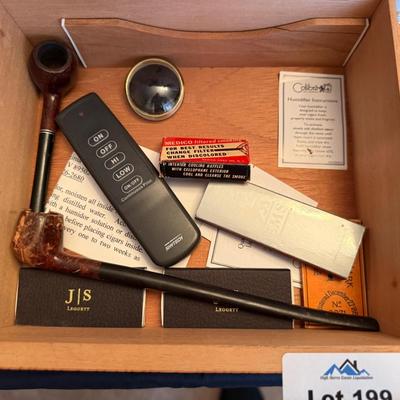 Wood Humidor box w/2 pipes, papers, matches + extra box