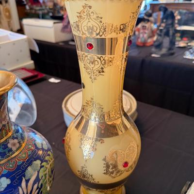 3 mismatched Vases - 1 Cloisonne, 1 carved wood, 1 glass