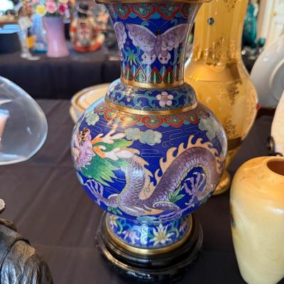 3 mismatched Vases - 1 Cloisonne, 1 carved wood, 1 glass