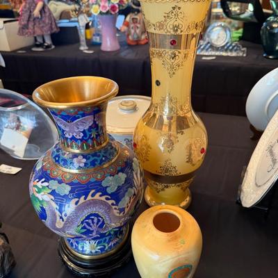 3 mismatched Vases - 1 Cloisonne, 1 carved wood, 1 glass