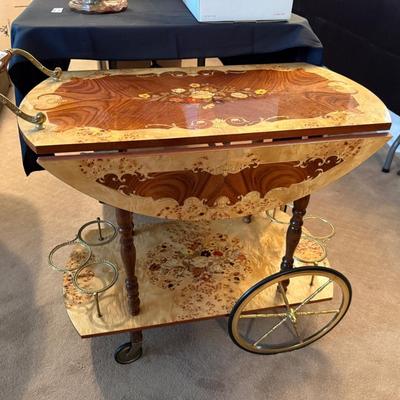 Vintage wood inlaid rolling teacart w/drop sides believe made in Italy