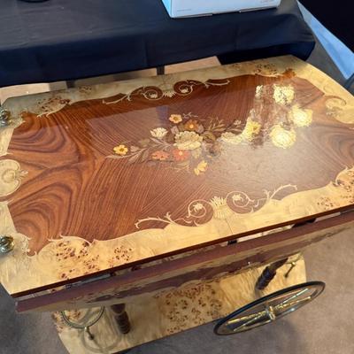 Vintage wood inlaid rolling teacart w/drop sides believe made in Italy
