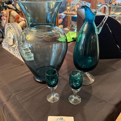 Collection of Vintage Teal/Blue glass - Vase, pitcher & 2 small glasses