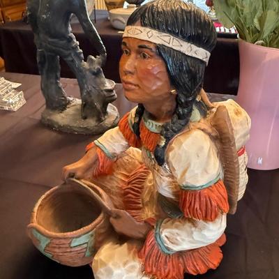 Native American woman making basket statue by Universal Statuary Corp., Chicago 1976