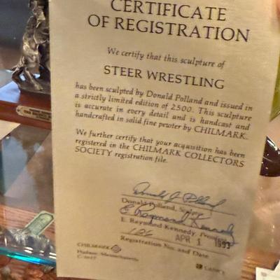 Bronze “Steer Wrestling” by Don Polland on wooden base