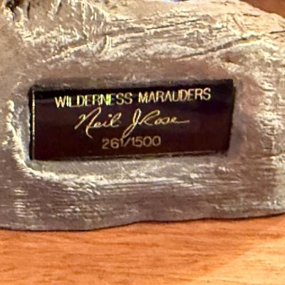 Neil J Rose signed Wolf statue on wood stand - Wilderness Marauders