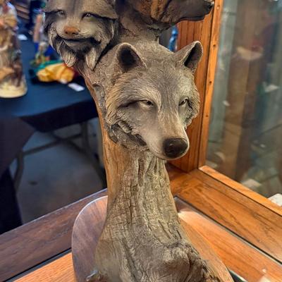 Neil J Rose signed Wolf statue on wood stand - Wilderness Marauders