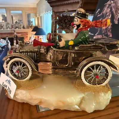 Ron Lee sculpture clown in old car "On the Road Again" on rock base