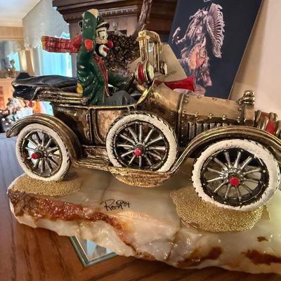 Ron Lee sculpture clown in old car "On the Road Again" on rock base