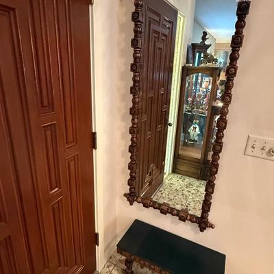 Matching vintage wood stool & wall mirror