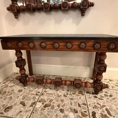 Matching vintage wood stool & wall mirror
