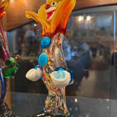Pair of multi-colored hand blown glass clowns