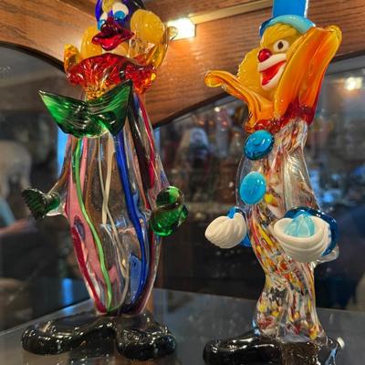 Pair of multi-colored hand blown glass clowns