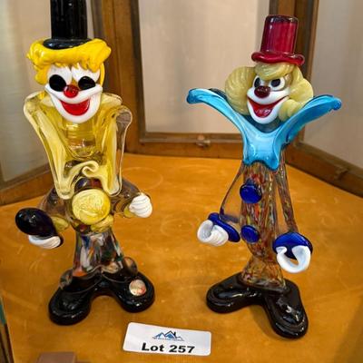 Pair of standing 9” t Murano marked glass clowns