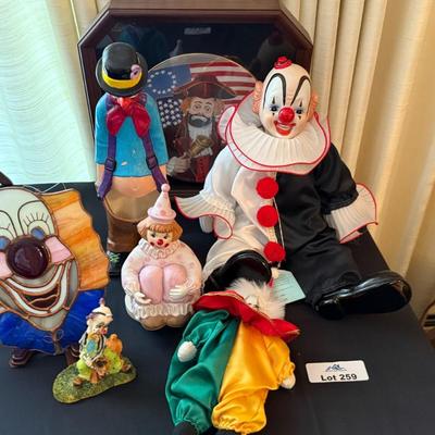 Misc. clown items - plate, ceramics, stained glass, etc