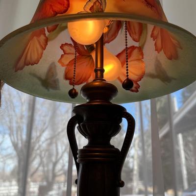 Sale Photo Thumbnail #891: nice metal based & Fenton glass shade lamp 