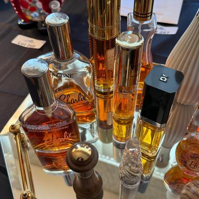 Mirrored perfume tray with about 14 bottles of assorted Perfumes/Colognes