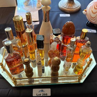 Mirrored perfume tray with about 14 bottles of assorted Perfumes/Colognes
