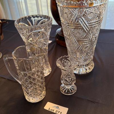 Collection of Cut Glass Vases/Pitcher - 4 pieces total