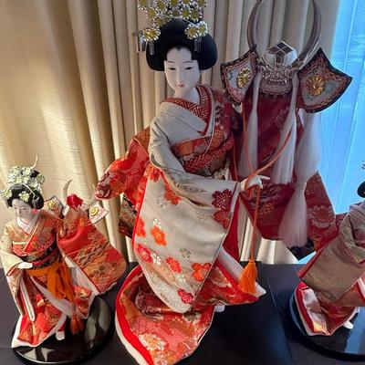 Group of 3 Japanese Geisha Girl dolls 22” one & 2 that are 13”