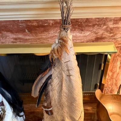 Native American hand made 44”t feather/shell TeePee