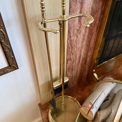 Brass fireplace Log basket w/wood & Utensils as shown