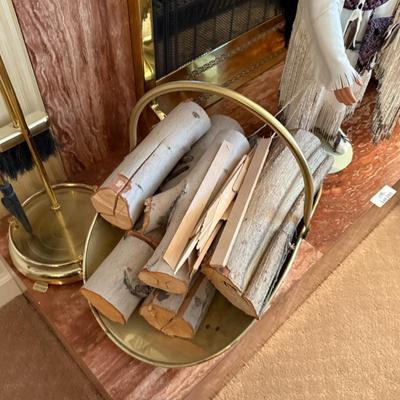 Brass fireplace Log basket w/wood & Utensils as shown